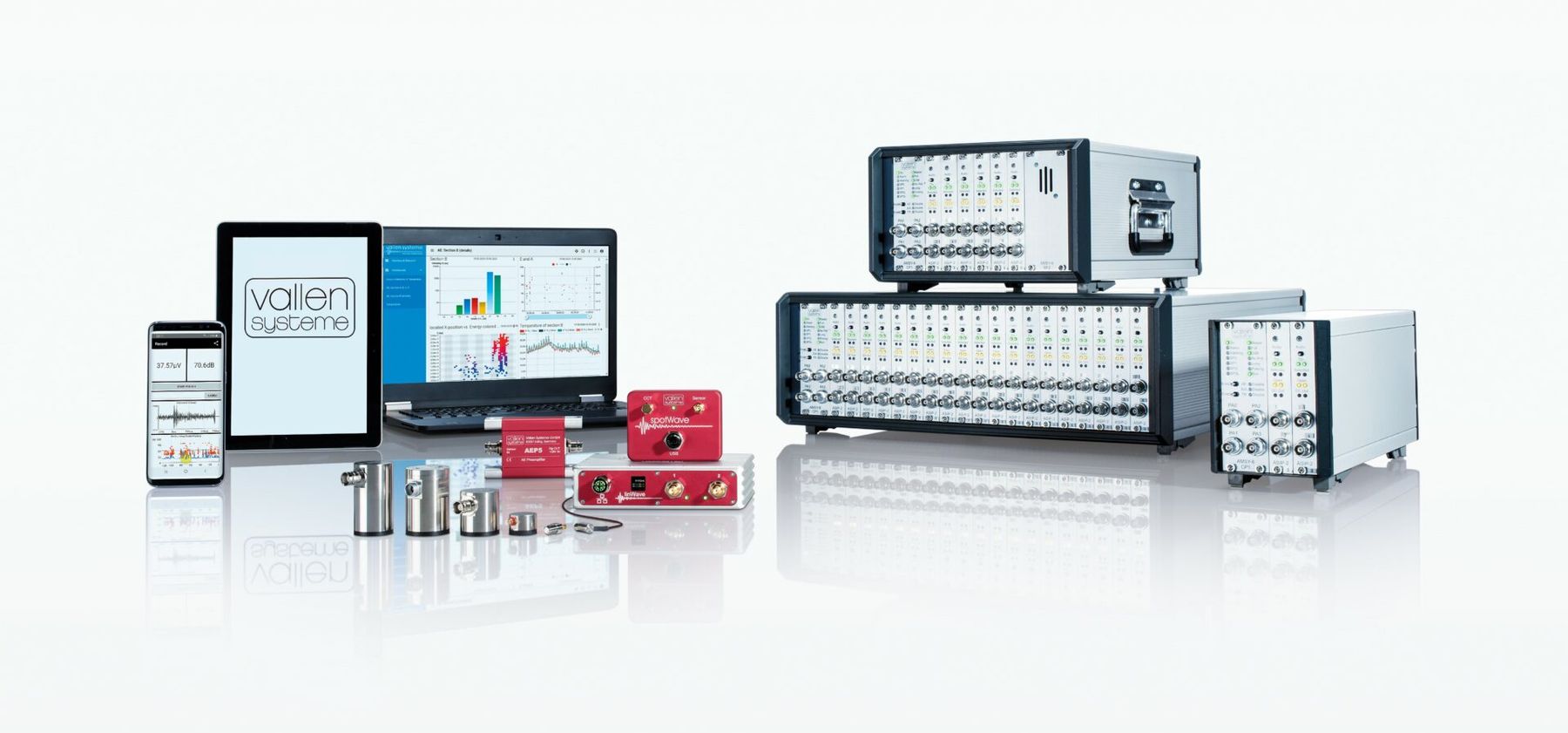 Vallen Systeme Acoustic Emission product range: acquisition systems, sensors, preamplifiers and software